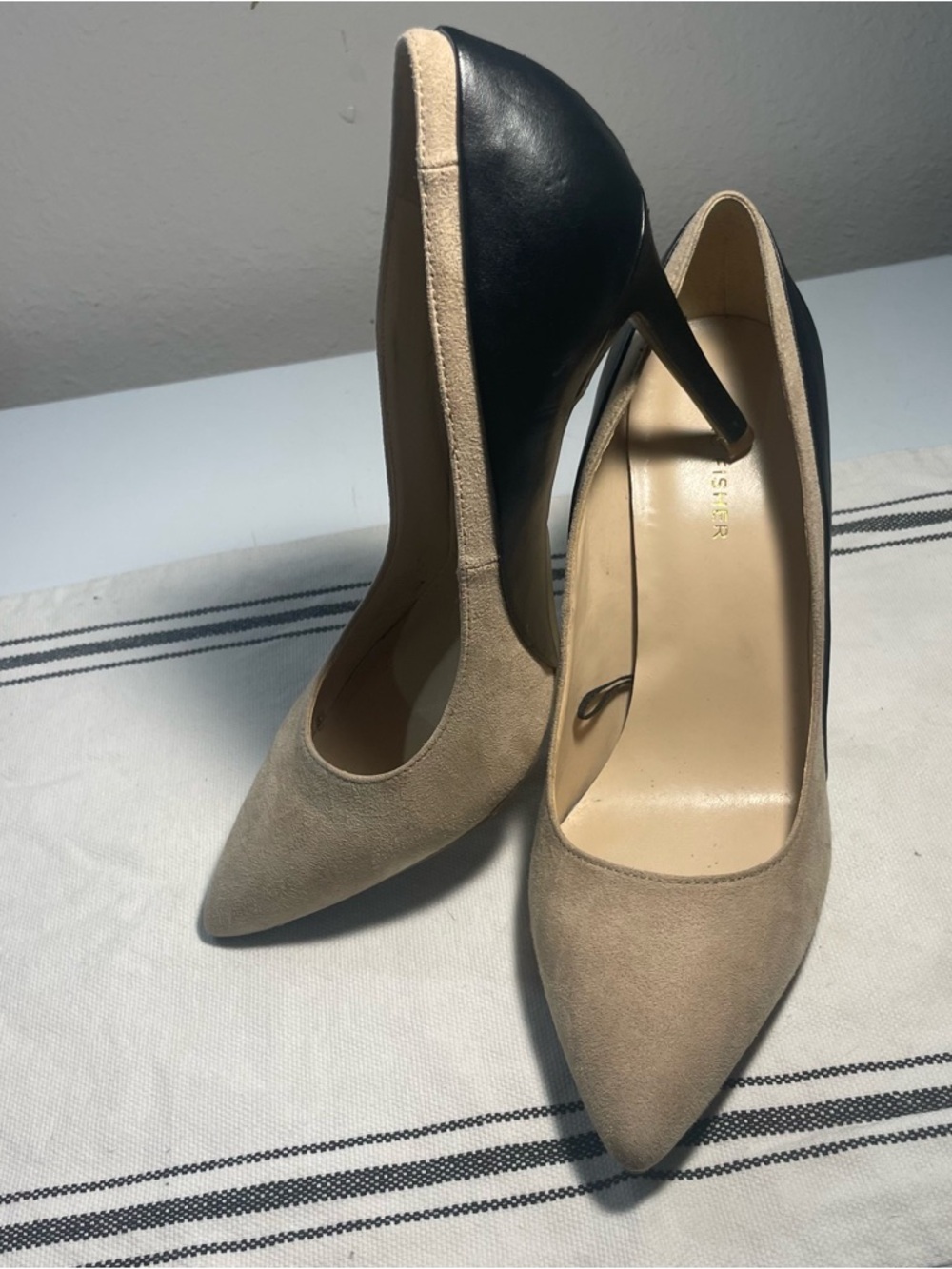 Marc Fisher Beige and Black Pointed Stiletto Pumps